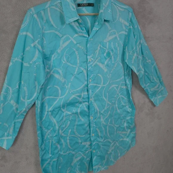 Lauren Ralph Lauren Button Up Shirt Dress Long Sleeve Top Crest Geometric Large - Picture 9 of 15